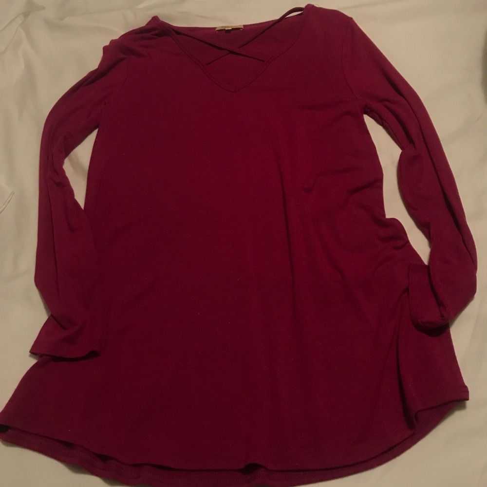 Piko 1988 Long Sleeve Crisscross V-Neck Top in Berry
